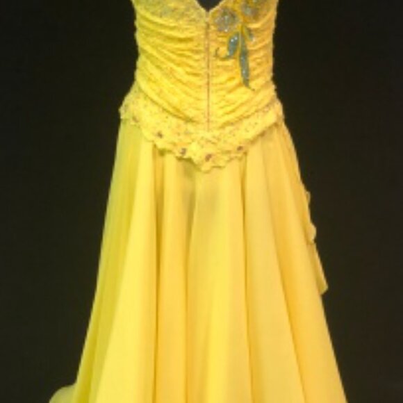 "Lemon Chiffon" Smooth Couture  Ballroom Gown Yellow & Blue w/ Swarovski - Picture 3 of 7